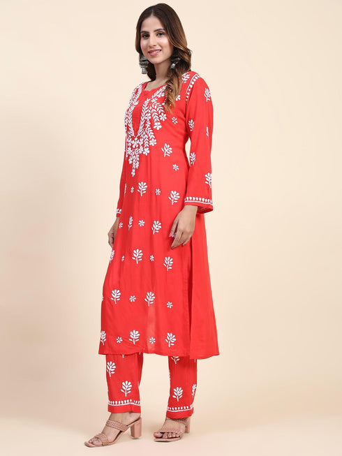 Fizaa Chikankari Long Modal Kurta Set - RED